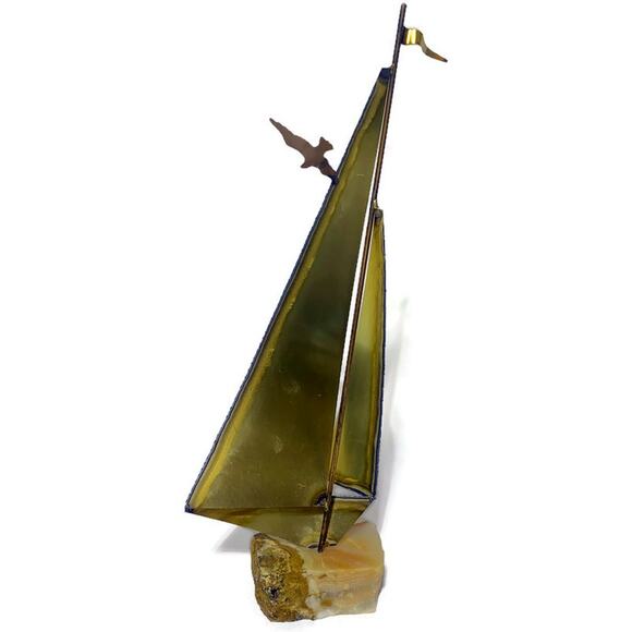 Sailboat Nautical Metal Art Brass Copper & Steel On Stone Onyx Base Set of Two - Picture 10 of 10